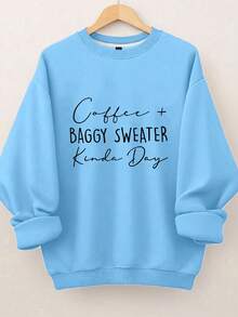 EMERY ROSE Plus Size Women's Letter Print Hot Selling Round Neck Sweatshirt Winter - Blue - View 1
