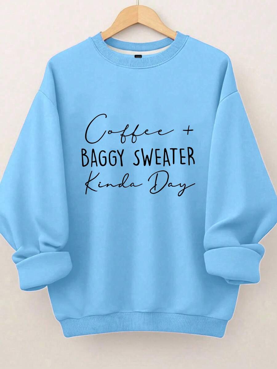EMERY ROSE Plus Size Women's Letter Print Hot Selling Round Neck Sweatshirt Winter - Blue - View 1