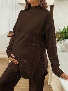 SHEIN Maternity Casual Warm Solid Color Side Slit Sweater And Pants Set, Autumn/Winter - Coffee Brown - View 3