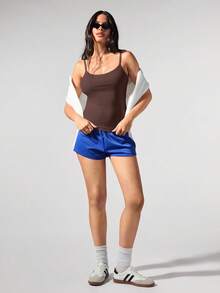 Menodora SHEIN Sport Áo hai dây dệt kim bó sát màu trơn thường ngày - màu nâu - Xem 4