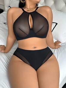 SHEIN 2件套女士加大码纯色网眼钢圈文胸套装 - 黑色 - 查看 4