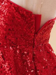 Glamorique Kids Young Girl Red Sequin Mesh Tulle Party Dress, Suitable For Parties, Gatherings And Various Occasions, Luxurious, Elegant,Christmas Dress Fall Winter - Red - View 6