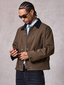 DAZY Men's Autumn Metal Claw Buckle Patchwork Collar Brown Jacket And Coat - Brown - View 1