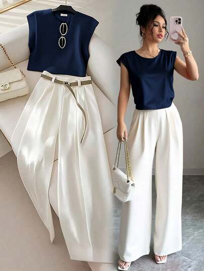 Franclia Conjunto de 2 piezas de top de cuello redondo elegante y pantalones plisados para mujer