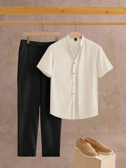 Manfinity NXTstreet 2 件套男士梭织修身翻领短袖休闲衬衫和裤子套装，舒适服装