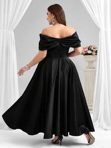 Coutiva Elegant Drop Shoulder Asymmetrical Collar With Applique Design And Wide Swing Satin Ball Gown, Suitable For Birthday Party, Graduation Ceremony, Wedding Guest, Back To School Party