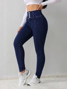 SHEIN Tall 女士牛仔裤 蓝色高腰紧身加绒牛仔裤 高个女士牛仔裤 冬季牛仔裤 保暖牛仔 泰迪熊牛仔 保暖毛绒泰迪熊 女士慢跑裤 打底裤 女士牛仔裤 抓绒打底裤 冬季女装 保暖牛仔 保暖内衬牛仔裤 妻子女士冬季牛仔裤 女士保暖内衬牛仔裤 保暖弹力牛仔裤 女士舒适牛仔裤 - 深色水洗藍 - 查看 2