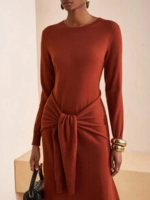 Zivah 2025 Autumn/Winter New Elegant Party, Daily, Date, Work Commute Refined Sexy Casual Round Neck Long Sleeve Loose Waist Tie A-Line Women Sweater Dress - Brown - View 5