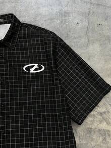 AXEPEAK 男士超大字母格子短袖梭织衬衫，街头风版 - 黑色 - 查看 6