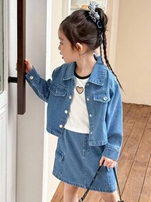 Genkimix Kids 3pcs/Set Young Girl Autumn School Back-To-School Outfit,Patchwork Heart Embroidered Vest,Denim Jacket,Casual Skirt,Fashion Street Style Fall Winter - Blue - View 2