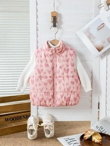 SHEIN 年轻女孩可爱心形图案保暖内衬厚外套，粉色，百搭秋冬 - 彩色 - 查看 6