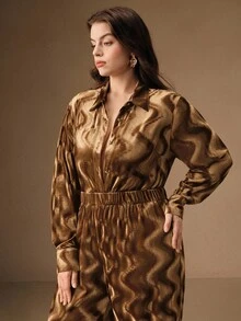 Anewsta Traje suelto de terciopelo con textura ondulada y moderno - Caqui - Ver 5