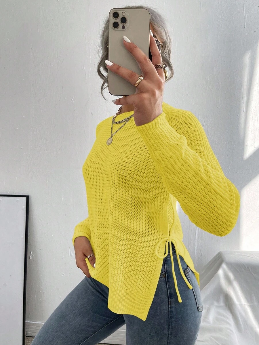 EMERY ROSE Suéter casual de unicolor con abertura lateral y cordones - Amarillo - Ver 1