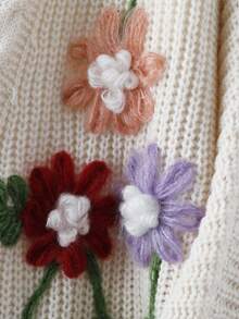 Linhara Vintage Floral Embroidered Loose Fit Midi Knit Cardigan, Cream White Winter - Beige - View 4