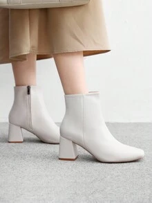 CUCCOO BIZCHIC Giày bốt nữ thời trang mũi vuông, gót chunky, màu be, kiểu dáng tối giản cổ điển, đa năng, có khóa kéo bên hông, phù hợp đi làm, đi mua sắm, mặc hàng ngày, mùa thu/đông. - Màu be - Xem 5