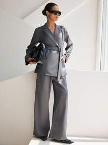 Lumivelle 女士简约通勤套装，配装饰扣腰带，宽松版型，及踝长度，秋冬 - 深灰色 - 查看 3