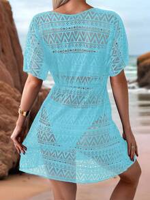 SHEIN Swim Vestido de cubre encaje transparente de unicolor con diseño hueco para la playa para mujer