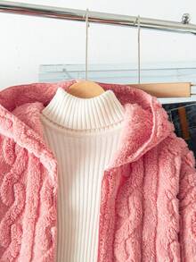 Sparklyn 青少年女孩休闲百搭百搭家居服和学校日常穿着粗条纹毛茸茸领子前开中长款秋冬夹克 - 藕粉色 - 查看 3