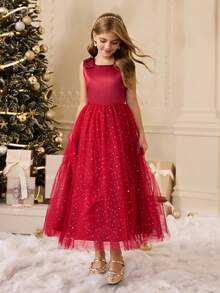 Girls' Chiffon Mesh Spaghetti Strap Dress, Suitable For Flower Girl, Halloween, Performance, Luxury Party, Holiday Event Fall Winter - Red - View 3