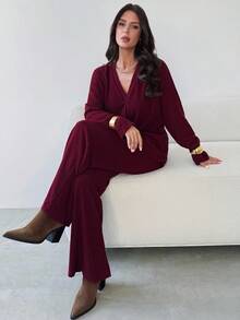 Firerie Ensemble de pull-cardigan bordeaux et pantalon large à taille élastique pour femmes, costume en fausse fourrure tricotée, tenue minimaliste de base, convenant pour le printemps, l'automne et l'hiver, élégant, pour le trajet, décontracté, quotidien, tenue de travail, tenue pour enseignantes