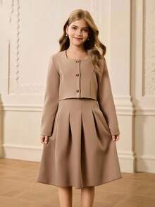女孩优雅简约领长袖短款夹克搭配无袖束腰中裙套装，适合返校、圣诞节活动 - 咖啡棕 - 查看 6