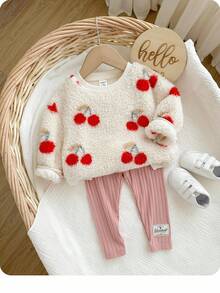 Babygirl 可爱毛绒樱桃印花长袖卫衣套装，秋冬