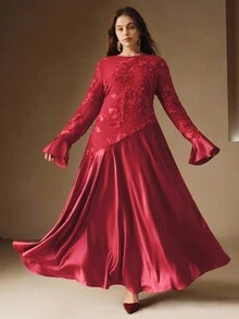 Anewsta Váy chắp vá thêu, Thích hợp cho mùa thu, mùa đông, đi chơi, thanh lịch, trang trọng, sang trọng, năm mới, giáng sinh, tốt nghiệp, quần áo mùa đông cho phụ nữ, khách dự tiệc cưới - Đỏ - Xem 3