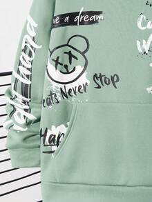 SHEIN 1件青少年男童休闲宽松舒适百搭涂鸦印花卫衣，冬季、秋季、所有季节，卫衣图案，印花卫衣，秋季上衣 - 薄荷綠 - 查看 6