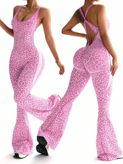 Slayform 1 pieza Mono con estampado de leopardo, espalda retorcida y escote en V profundo con vuelo