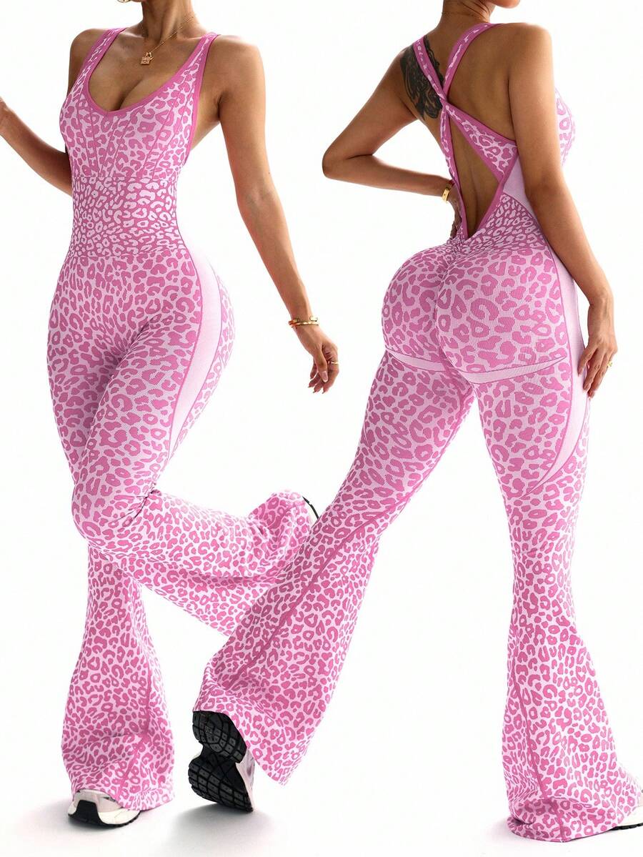 Slayform 1pc Women's Pink Leopard Print Twisted Back Deep V Flare Jumpsuit,Summer Sexsy Gym Yoga Flared Leggings Jumpsuit,Cheetah Print Workout Jumpsuit