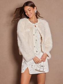 Enchnt Abrigo de mujer de invierno/otoño de tweed blanco con parches, botones de perlas falsas y manga larga con pelo sintético, elegante y de moda para fiestas, citas, vacaciones, graduación, salidas, Halloween y Navidad - Blanco - Ver 4
