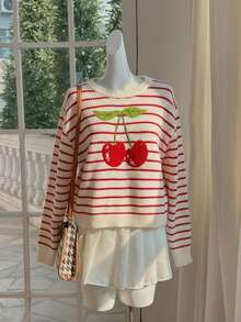 SHEIN MOD Plus Size Women's Red & White Striped Cherry Embroidery Sweater,Autumn And Winter Matching Pullover Sweater, Cute Cherry, Red And White Striped Sweater Fall