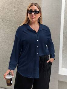 SHEIN Essnce 夏季女士大码休闲度假宽松防晒长袖白色外出上衣衬衫 - 藍色 - 查看 4
