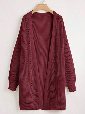 SHEIN CURVE+ Plus Size Women Solid Color V-Neck Long Sleeve Mid-Length Casual Commuter Knit Cardigan, Autumn/Winter