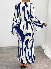Elenzga 加大码女式几何印花褶皱喇叭袖长款优雅连衣裙，春夏长款女装 - 寶藍色 - 查看 2
