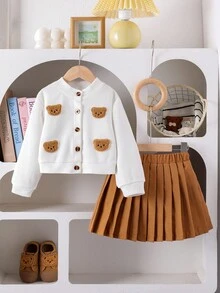 Elladie kids 女孩休闲日常针织开衫夹克，带有可爱的小熊补丁，搭配棕色裙子，两件套秋季户外服装 - 卡其色 - 查看 6