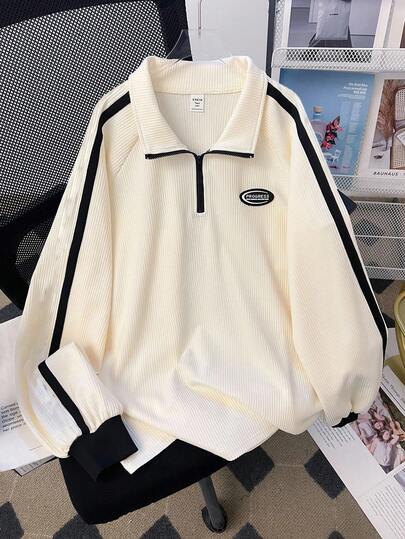 SHEIN 少女休闲学院风撞色字母印花休闲套头衫，长袖上衣，学院风翻领细节，返校季，适合秋冬季