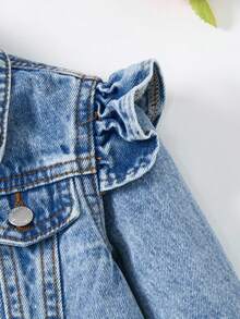 SHEIN 女婴蓝色牛仔翻领长袖短款外套，秋冬季休闲时尚度假装 - 深色水洗藍 - 查看 6