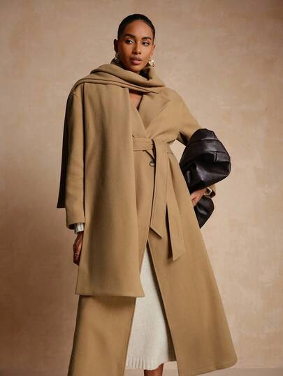 Lyxana 女式纯色简约日常长袖系腰优雅大衣