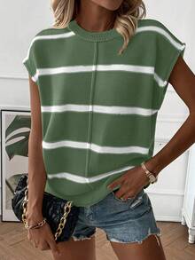 EMERY ROSE 女士休闲宽松圆领落肩无袖针织背心，时尚条纹拼布套头毛衣背心，适合秋冬季