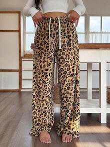 SHEIN 女士系带腰身蓬松仿毛皮豹纹休闲直筒宽松裤，保暖舒适百搭，秋冬季节，温暖舒适 - 黃色 - 查看 3