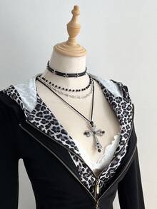 Elamini 1 件女式黑色豹纹拼布连帽修身二合一前拉链长袖休闲街头夹克，秋冬 - 黑色 - 查看 4