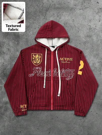 Street Life Sudadera con capucha con forro térmico con estampado a cuadros y gráfico inglés para hombre, otoño/invierno