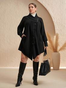 SHEIN Clasi Curvy Plus Size Women's Black And White Elegant Autumn Single-Breasted Overcoat,Vintage Raglan Sleeve Thermal Lined Warm Trench Coat With Pockets - Black - View 5