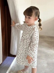 SHEIN Cute Floral Ruffle Trim Long Sleeve Dress, Infant/Toddler Girls Spring/Autumn Fall Winter - White - View 4