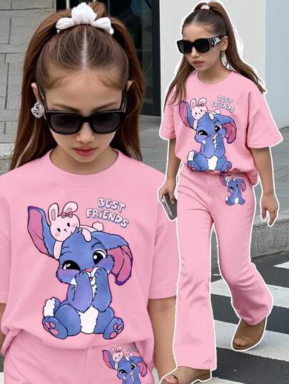2 件可爱卡通蓝兔露露青少年女孩休闲简约短袖 T 恤和裤子套装，适合夏季、休闲校园运动风格、户外野餐、街拍、家居
