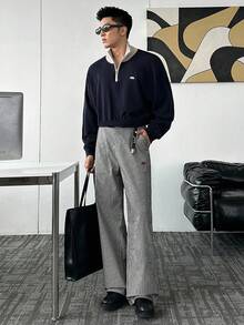 Manfinity BRENVOR Calças masculinas casuais de cintura alta com bolsos inclinados e estampa listrada, para o outono - Preto e Branco - Ver 1
