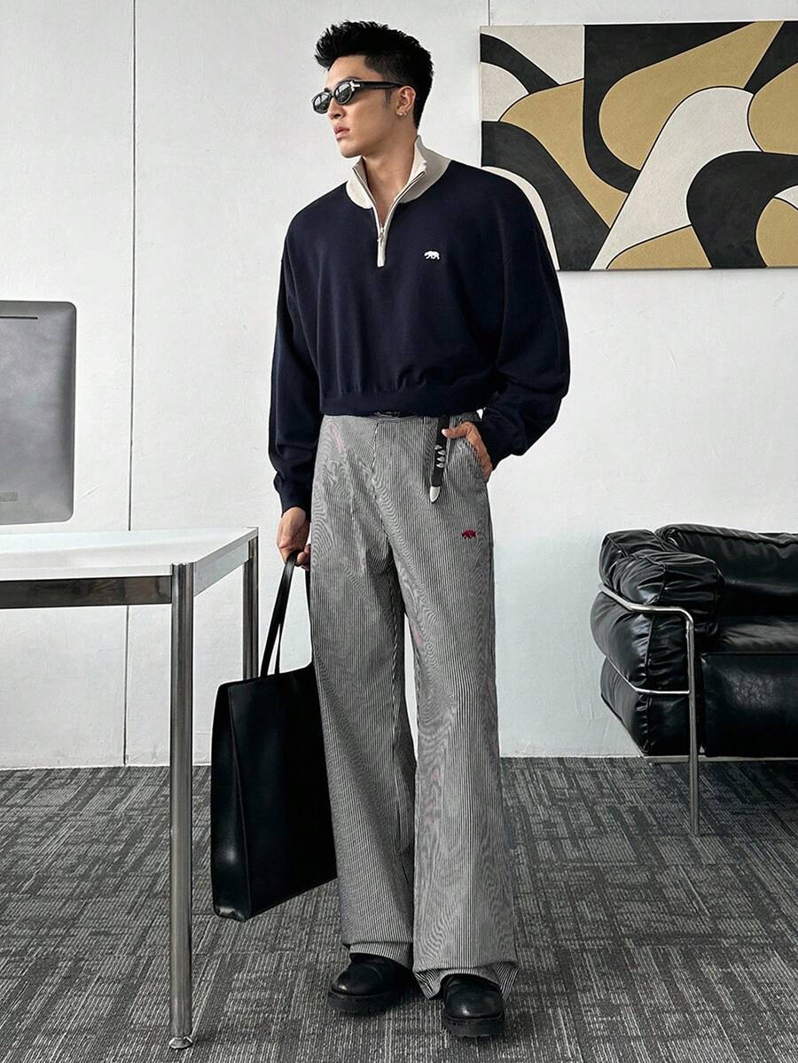 Manfinity BRENVOR Calças masculinas casuais de cintura alta com bolsos inclinados e estampa listrada, para o outono - Preto e Branco - Ver 1