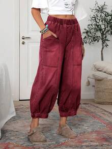 EMERY ROSE Quần jean denim cạp rút giặt cỡ lớn, thường ngày đi nghỉ - Đỏ - Xem 5