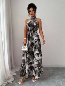 SHEIN Elenzya Elegant Floral Print Dress, Suitable For Commuting And Island Vacation - Black - View 4